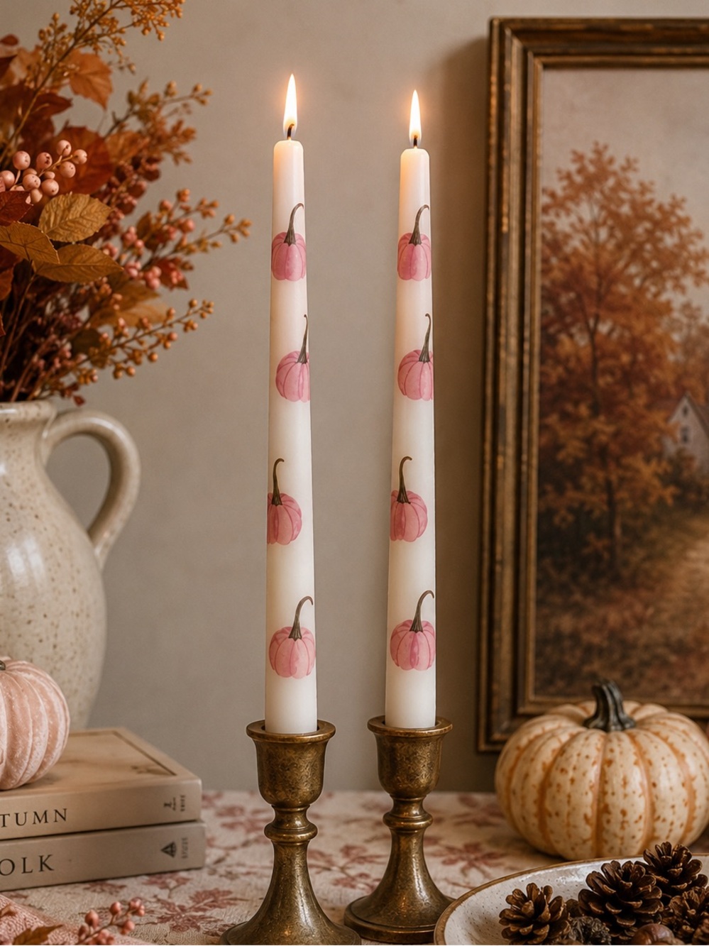 Anthropologie Pink Pumpkin Taper Candles Set of 2 Hand Painted Fall Thanksgiving
